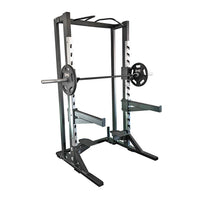 Thumbnail for Black half rack with barbell and weights, adjustable safety bars, pull-up bar, and vertical Olympic bar storage.