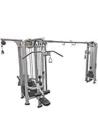 Thumbnail for Gray multi-station gym machine with 5 weight stacks, lat pull-down bar, low row, and functional columns.