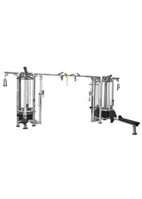 Thumbnail for Large multi-station commercial gym equipment with weight stacks, cable pulleys, and a utility bench.