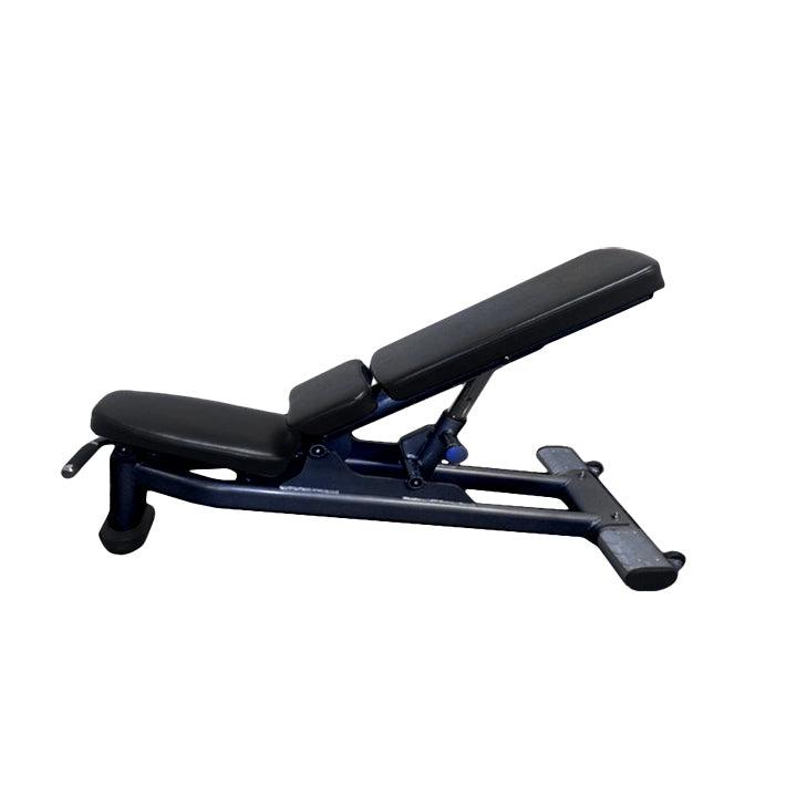 Black and silver adjustable fitness bench with padded seat and backrest, angled upwards.