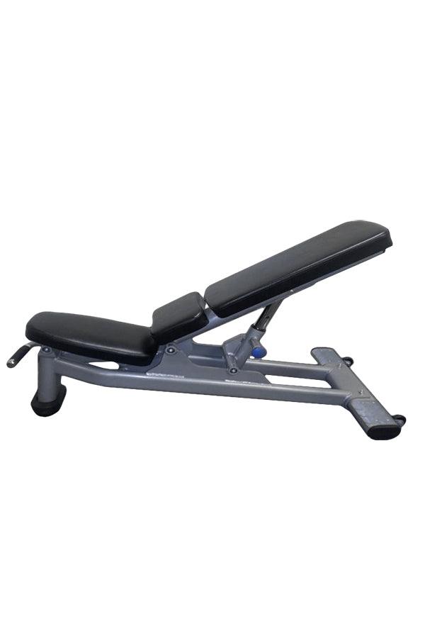 Black and silver adjustable fitness bench with padded seats, angled upwards.