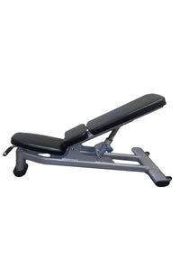 Thumbnail for Black and silver adjustable fitness bench with padded seats, angled upwards.