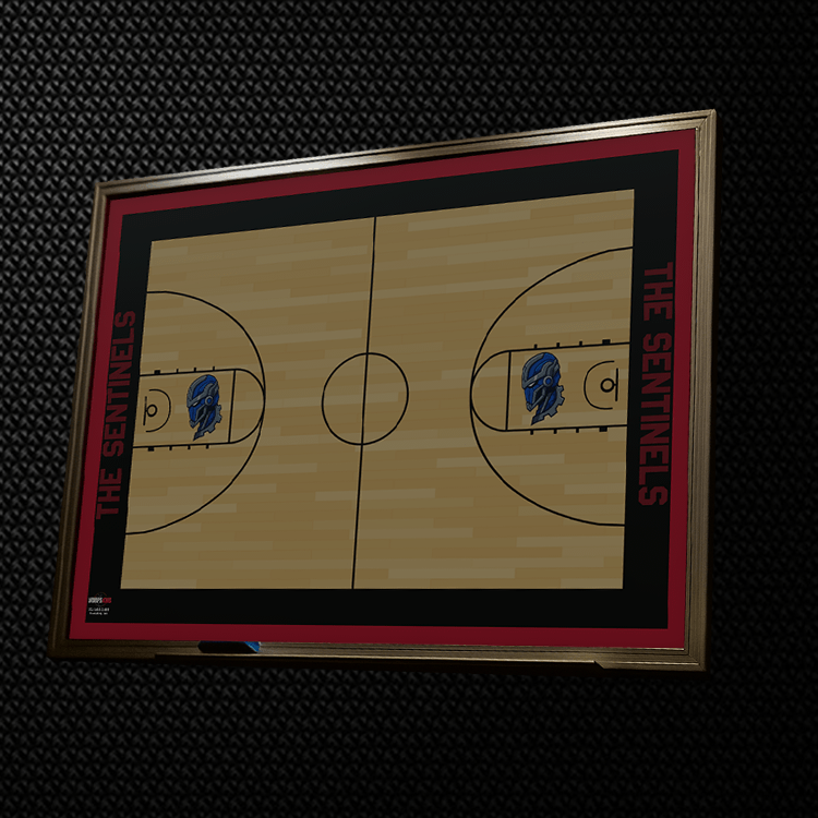 Framed basketball court whiteboard with "The Sentinels" text and logo, on a dark textured background.