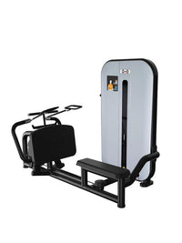 Thumbnail for Black and grey seated low row machine with pin selectorized weight stack.