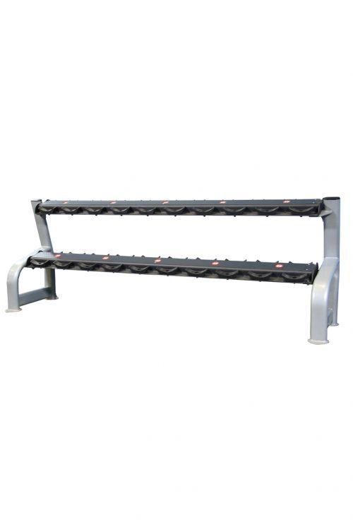 Gray 2-tier dumbbell rack with black shelves and red accents, designed for storing 10 pairs of dumbbells.