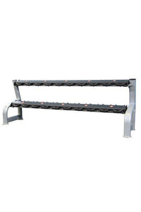 Thumbnail for Gray 2-tier dumbbell rack with black shelves and red accents, designed for storing 10 pairs of dumbbells.