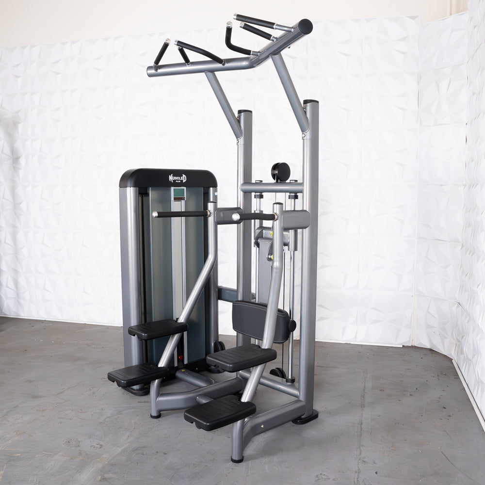 Grey commercial assisted chin/dip machine with black padded seats and handles.