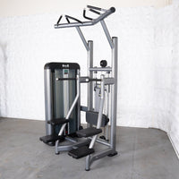 Thumbnail for Grey commercial assisted chin/dip machine with black padded seats and handles.