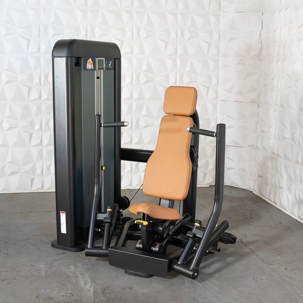 Black and tan commercial chest press machine with selectorized weights and iso-lateral handles.
