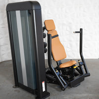 Thumbnail for Black and brown commercial chest press machine with weight stack and adjustable seat.