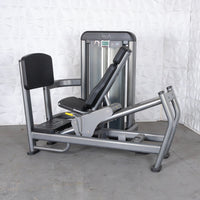 Thumbnail for Gray leg press and calf raise machine with black padded seats and footplate.