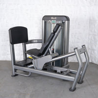 Thumbnail for Gray leg press and calf raise machine with black padded seat and backrest.