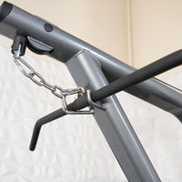 Thumbnail for Close-up of a gray lat pulldown machine with a black padded bar attached by a chain.