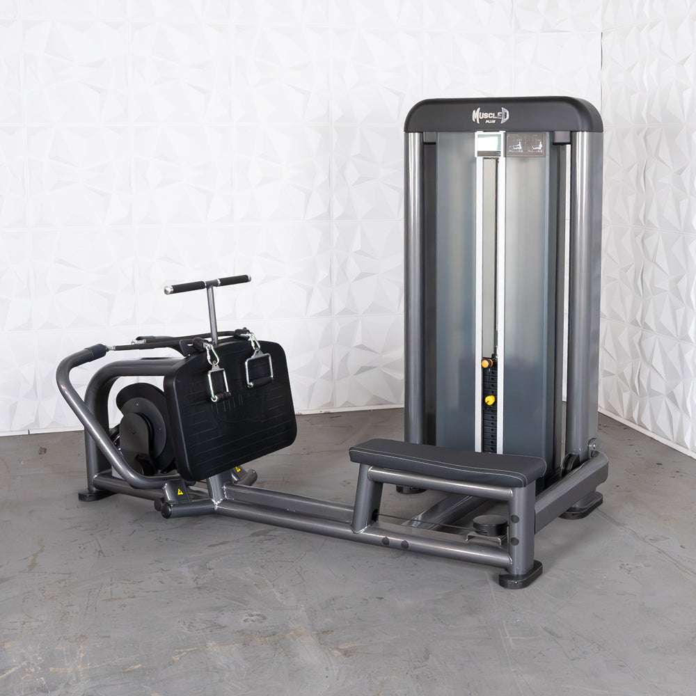 Gray and black long pull row machine with a weight stack and a padded bench.