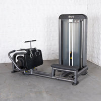 Thumbnail for Gray and black long pull row machine with a weight stack and a padded bench.