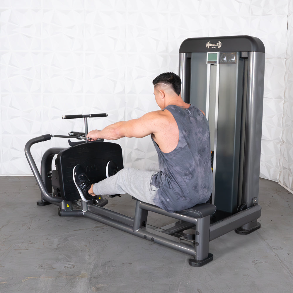 Man using a Muscle D Fitness Elite Plus Long Pull Row machine with iso-lateral handles.