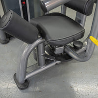 Thumbnail for Close-up of a rotary torso machine's black padded seat and leg rests on a gray frame.