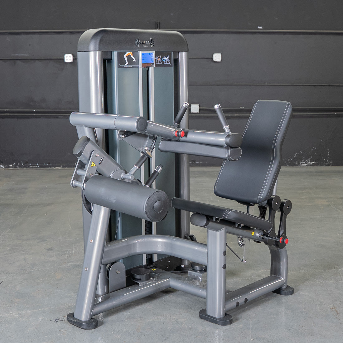 Gray seated leg curl machine with black padding and red adjustment knobs.