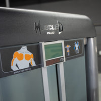 Thumbnail for Close-up of a Muscle D Plus shoulder press machine with muscle diagram and digital display.