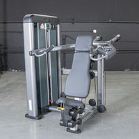 Thumbnail for Gray shoulder press gym equipment with black padded seat and handles.