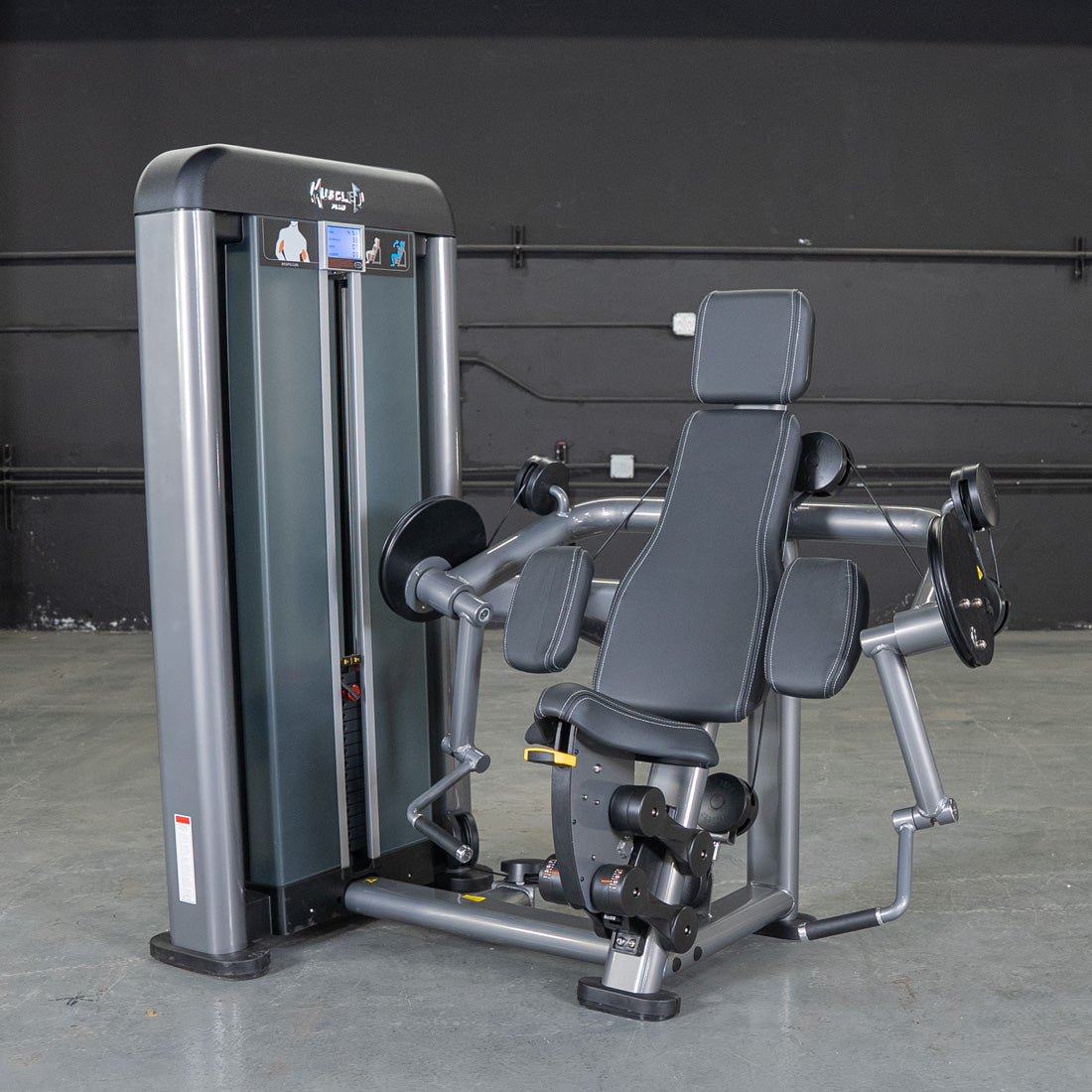 Gray and black biceps curl machine with padded seat and armrests in a gym.
