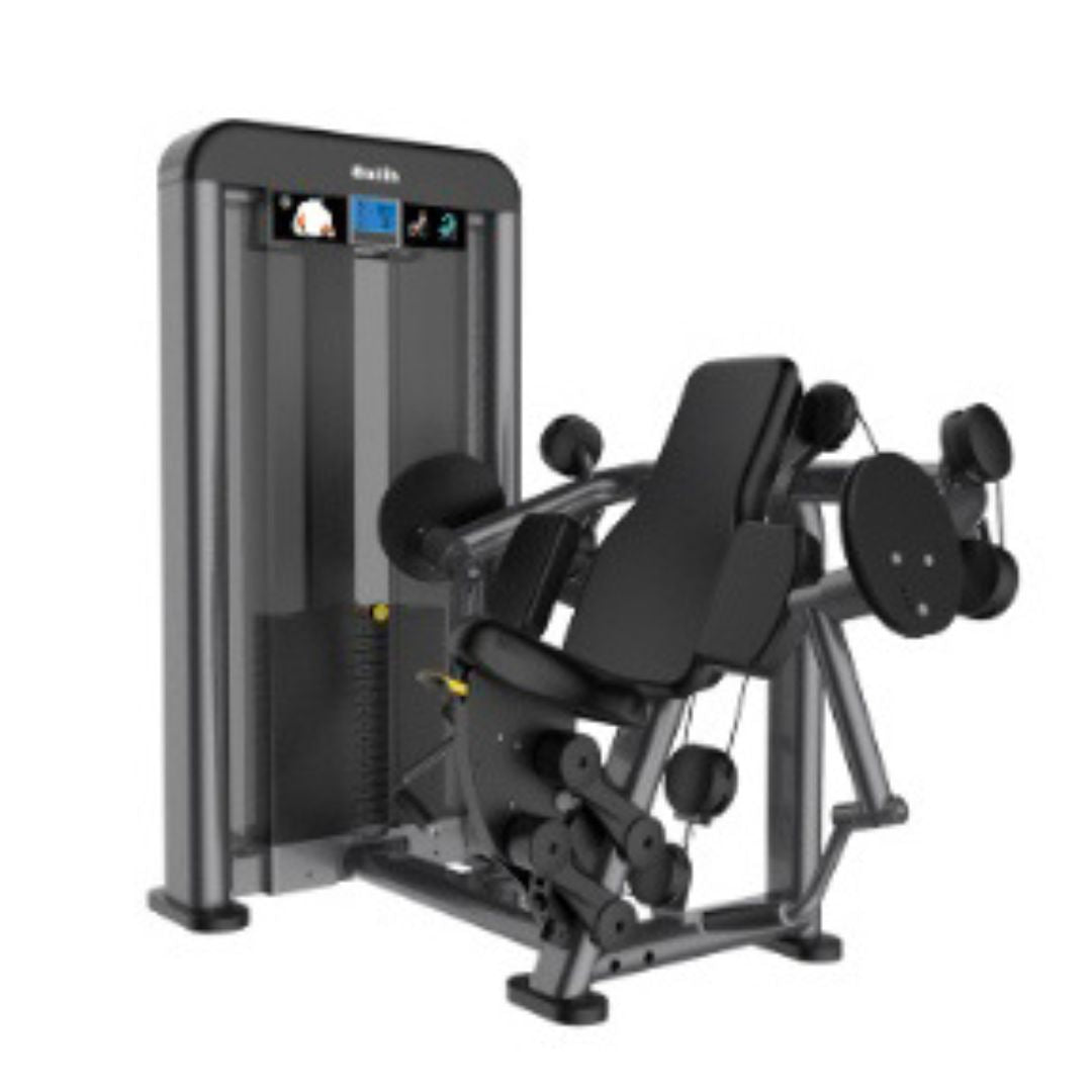 Black and gray biceps curl machine with padded seat and armrests, weight stack, and digital display.