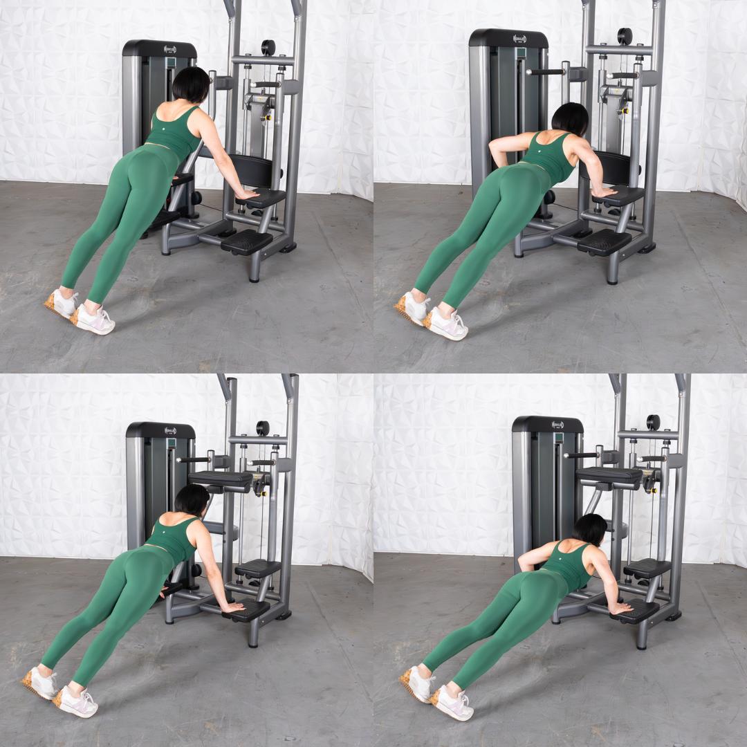 Four-panel image showing a woman performing assisted dips on a commercial-grade chin/dip machine.