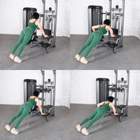 Thumbnail for Four-panel image showing a woman performing assisted dips on a commercial-grade chin/dip machine.