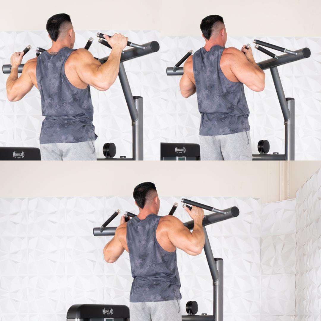 Man demonstrating chin-ups and dips on a commercial-grade fitness machine.