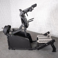 Thumbnail for Black plate-loaded hack squat machine with shoulder pads, handles, and foot platform.