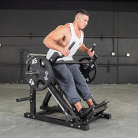 Thumbnail for Man using a linear bearing row machine with 45lb plates, gripping multi-grip handles.