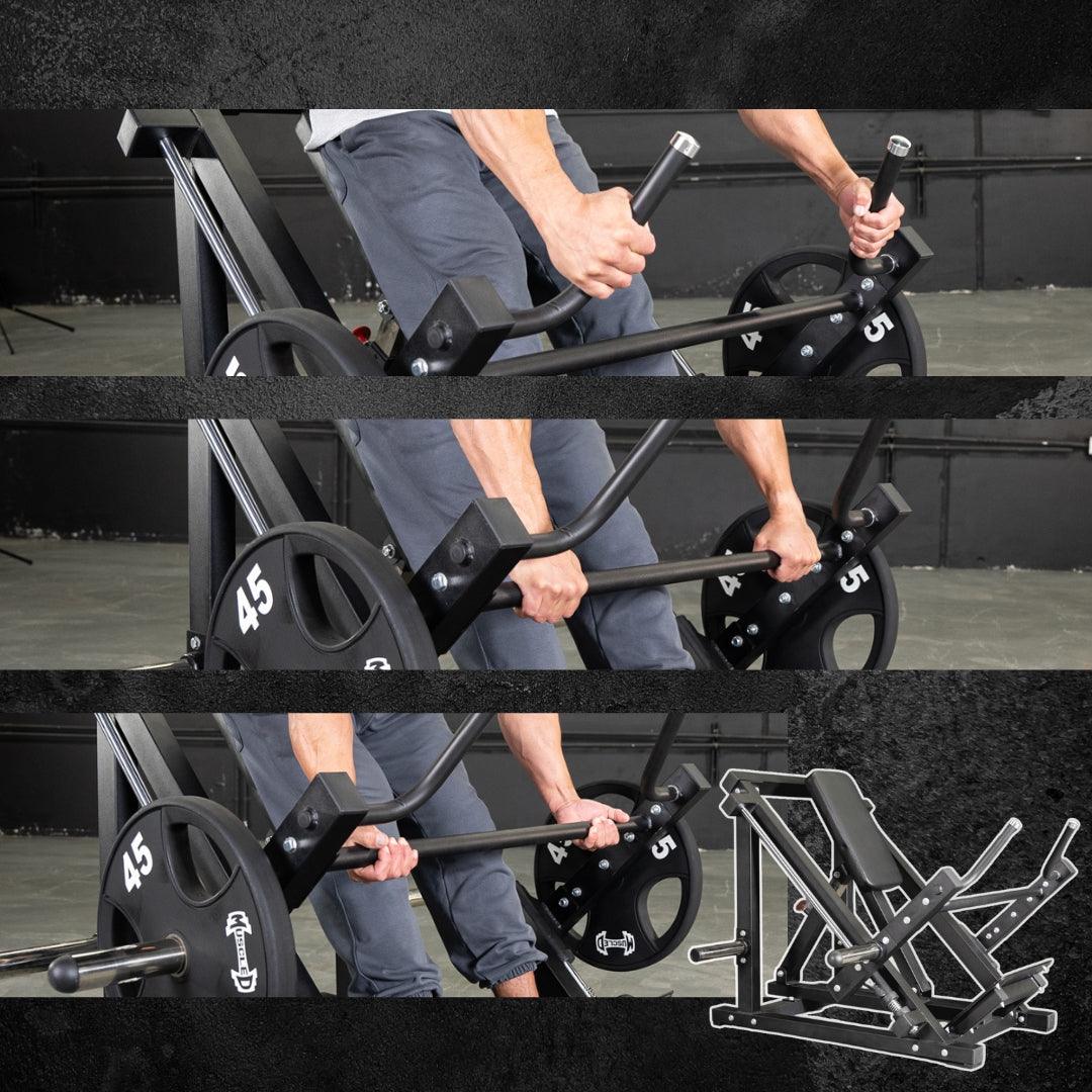 Man demonstrating linear bearing row machine with weight plates, and an outline of the machine.