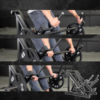 Thumbnail for Man demonstrating linear bearing row machine with weight plates, and an outline of the machine.
