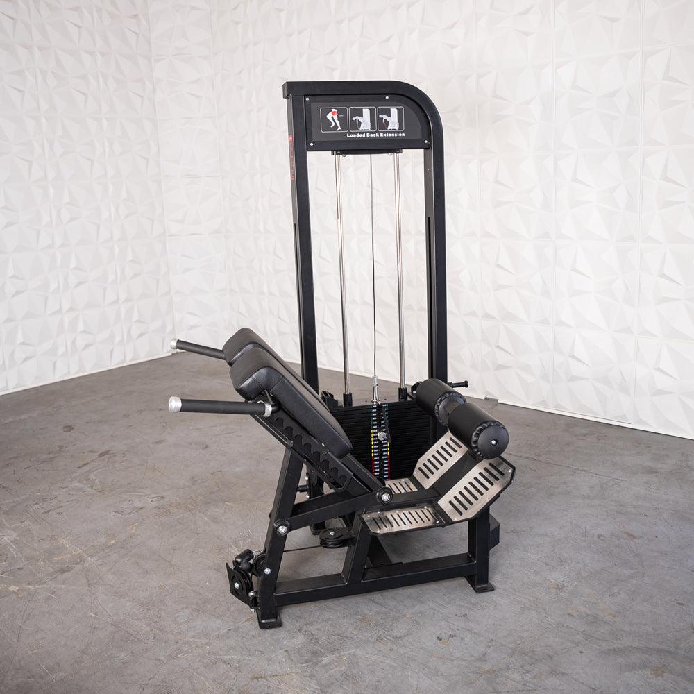 Black selectorized 45-degree hyper extension machine with padded supports and footplates.