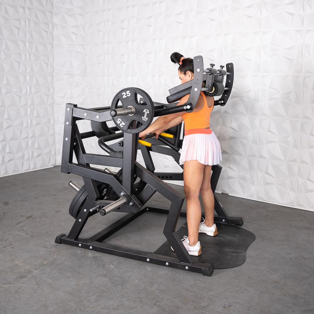 Excel Power Hack Squat - Muscle D Fitness - Plate Load Heavy Squat Machine - Weight Storage Pegs - Safety Stop