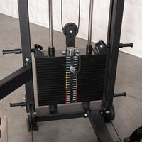 Thumbnail for Close-up of a black selectorized weight stack with a weight pin and cable pulley system.