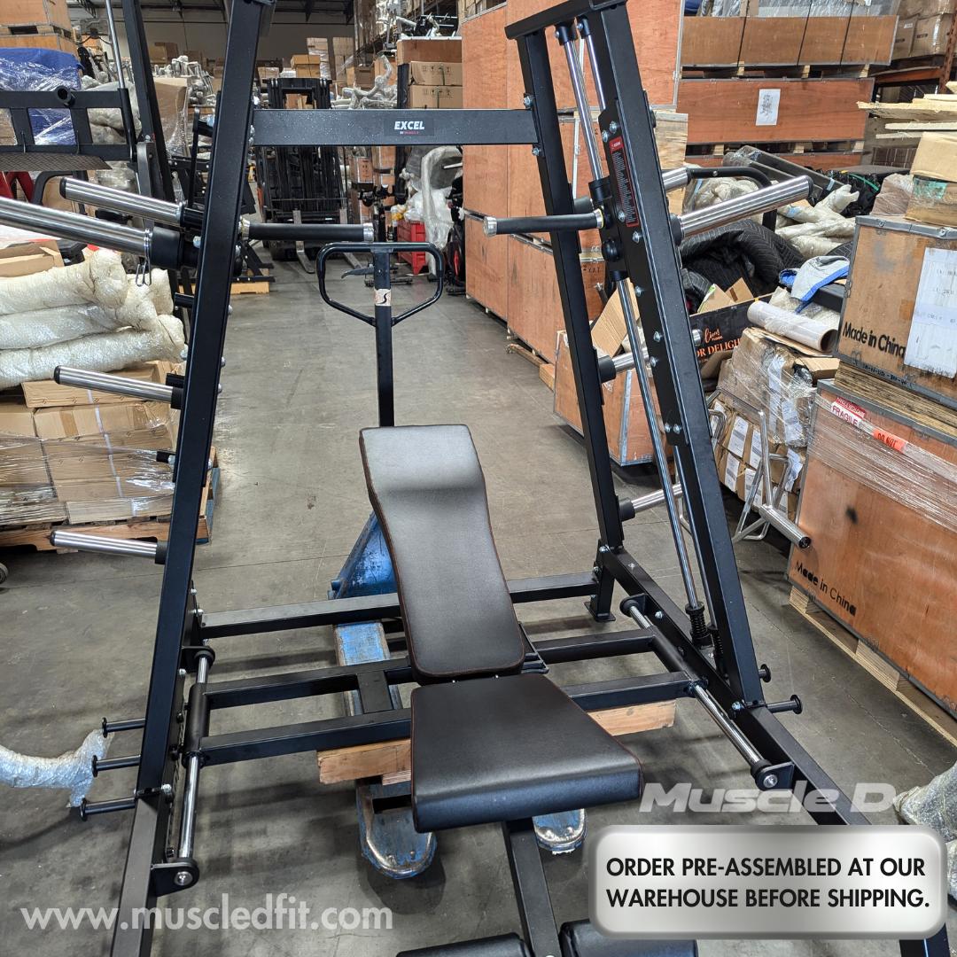 Black plate-load chest press machine with an adjustable bench, in a warehouse setting.