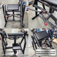 Thumbnail for Four views of a black plate-loaded arm curl machine with red accents and black padded seats.