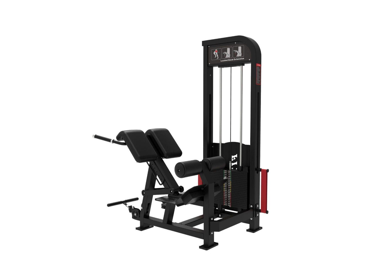 Black and red selectorized back extension machine with padded supports and weight stack.