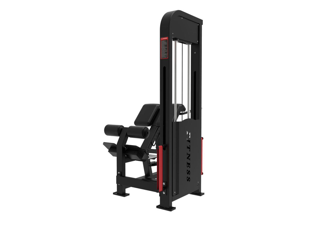 Black and red selectorized back extension machine with padded supports and weight stack.