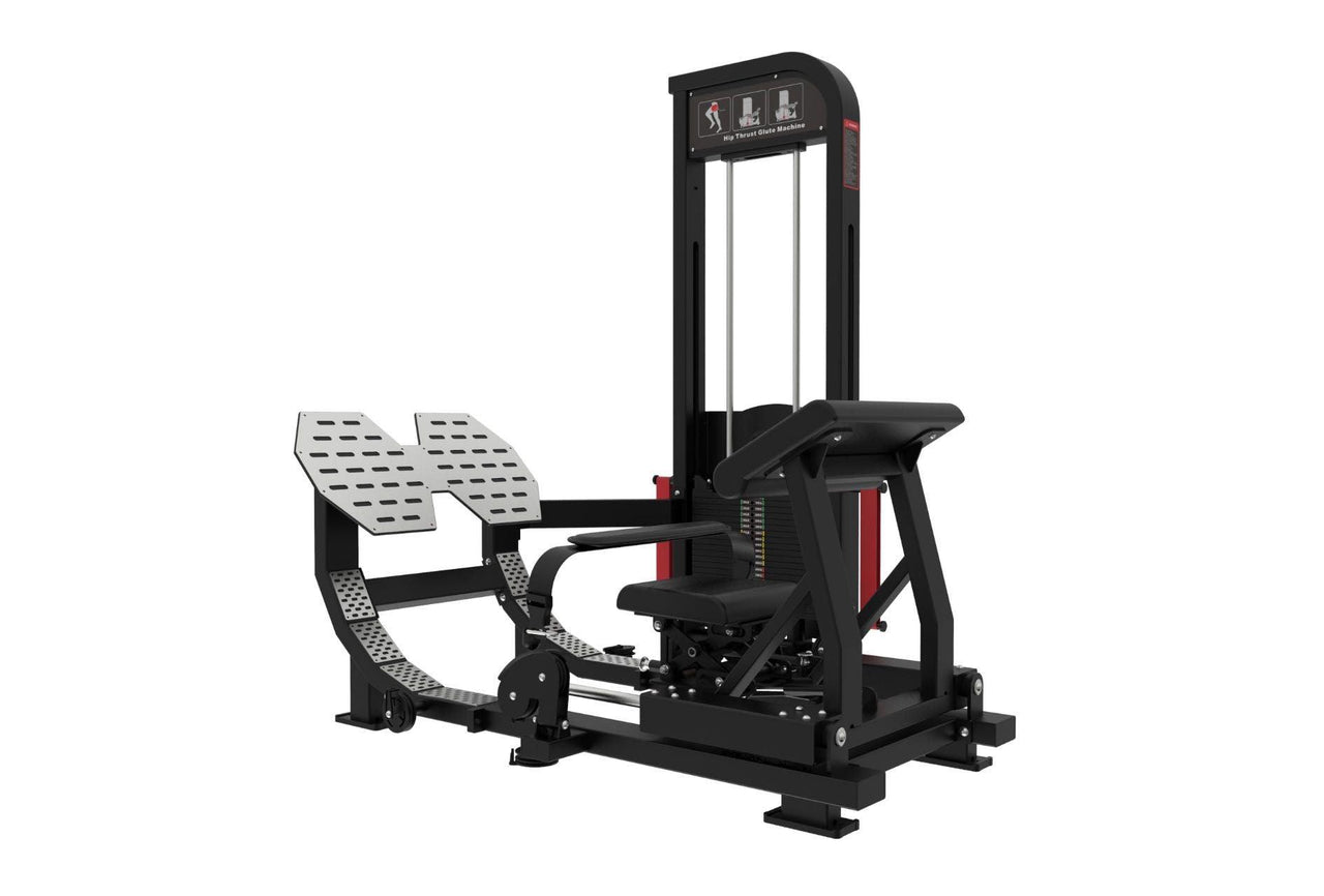 Black and red selectorized hip thrust glute machine with a padded seat and footplates.
