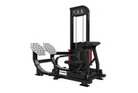 Thumbnail for Black and red selectorized hip thrust glute machine with a padded seat and footplates.