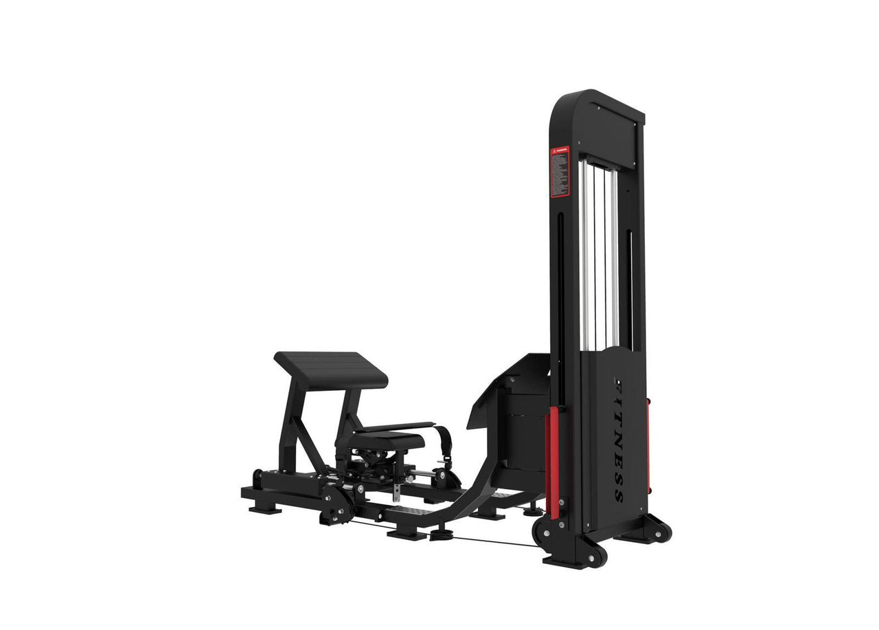 Black and red selectorized hip thrust glute machine with a padded seat and backrest.