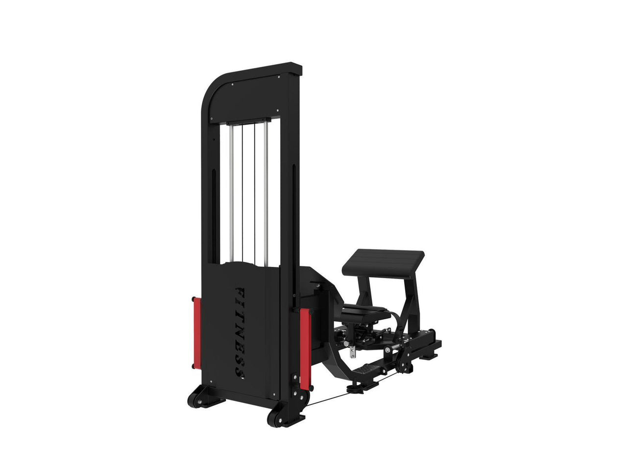 Black selectorized hip thrust glute machine with red accents on a white background.