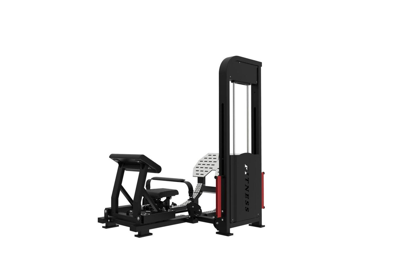Black selectorized hip thrust glute machine with red accents and a white footplate.