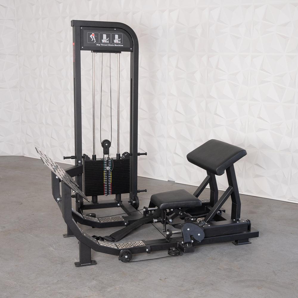 Black selectorized hip thrust glute machine with weight stack, footplates, and padded seat.