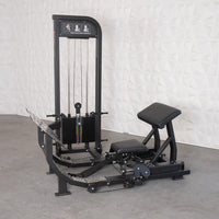 Thumbnail for Black selectorized hip thrust glute machine with weight stack, footplates, and padded seat.