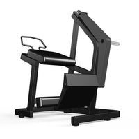 Thumbnail for Black plate-loaded glute machine with padded seat and backrest, angled for glute kickbacks.
