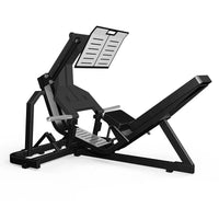 Thumbnail for Black plate-loaded leg press machine with a padded seat and foot platform.