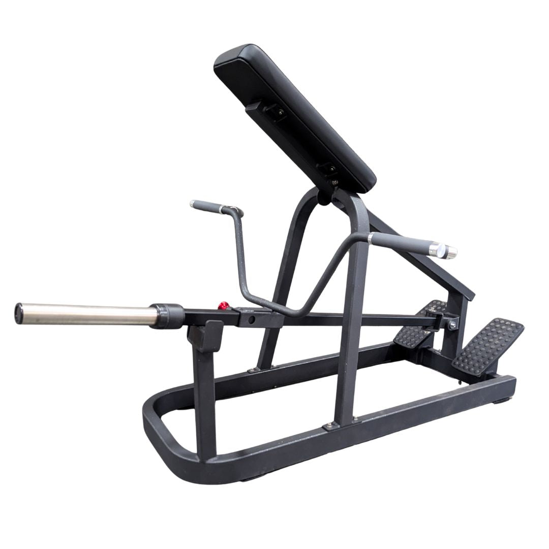 Black T-bar row machine with a padded chest support, footplates, and handles, on a white background.